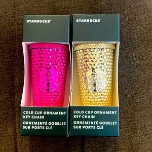 Starbucks 2022 Metallic Gold & Pink Studded Tumbler Ornament / Keychain NWT 2pcs